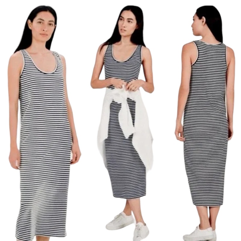 Everlane Black & White Striped Sleeveless Maxi Casual Cotton Dress Size Large